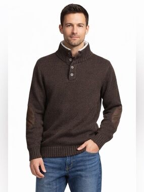 Gap Brown Sherpa Button Neck Sweater Leather Elbow Patch Cozy Knit Pullover M